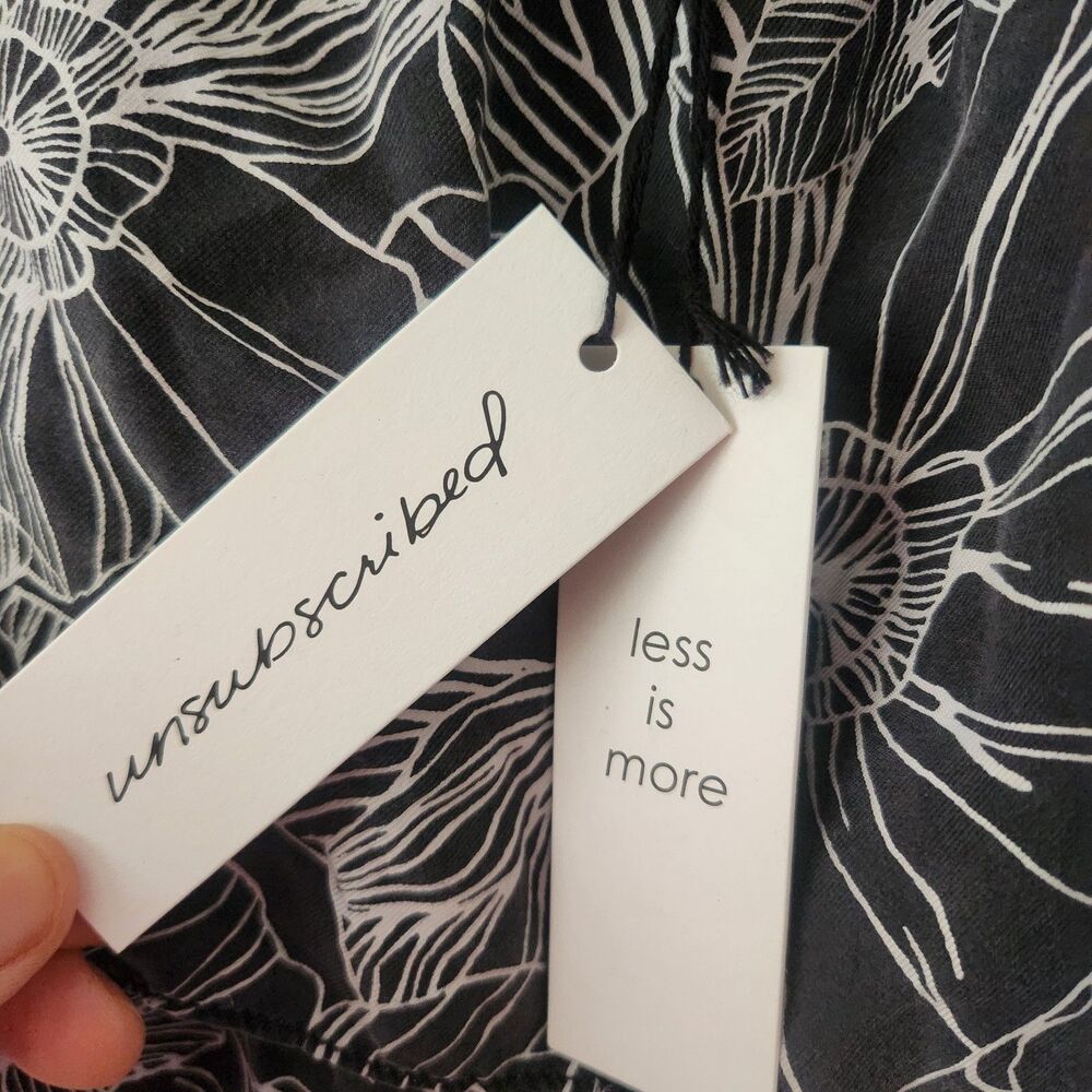 Unsubscribed 100% Silk Off The Shoulder Ruffle Blouse Gray White Floral M NWT - Picture 8 of 10